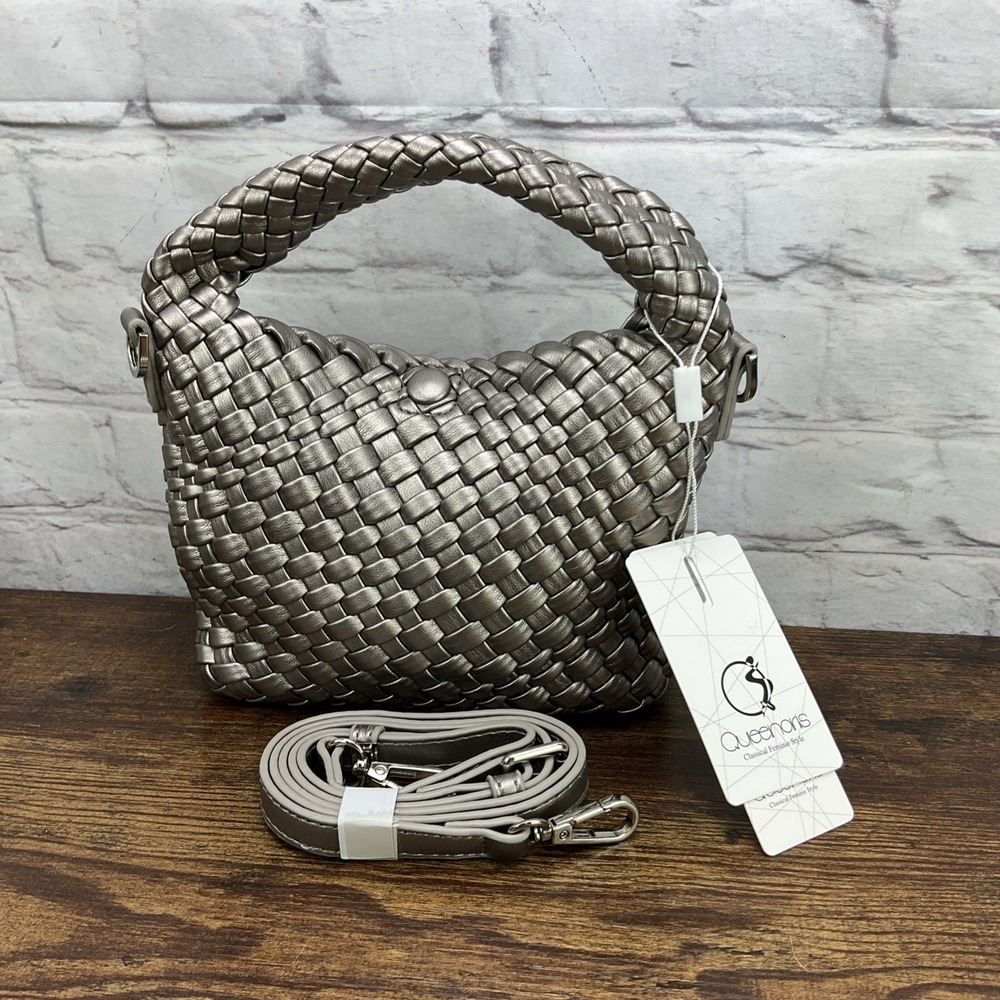 Queenoris‎ Silver Woven Leather Bag Hand-woven Crossbody New